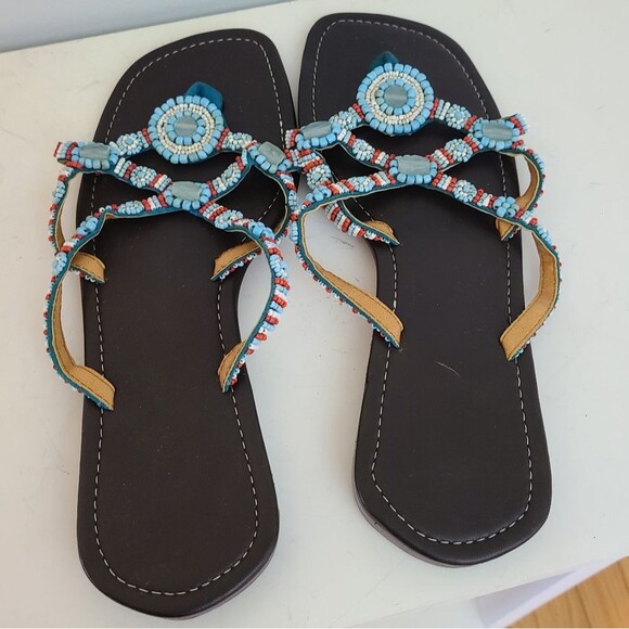 Indonesia Blue Colored Beaded Women Thong Leather Low Heel Sandal Size 10 - Picture 2 of 7